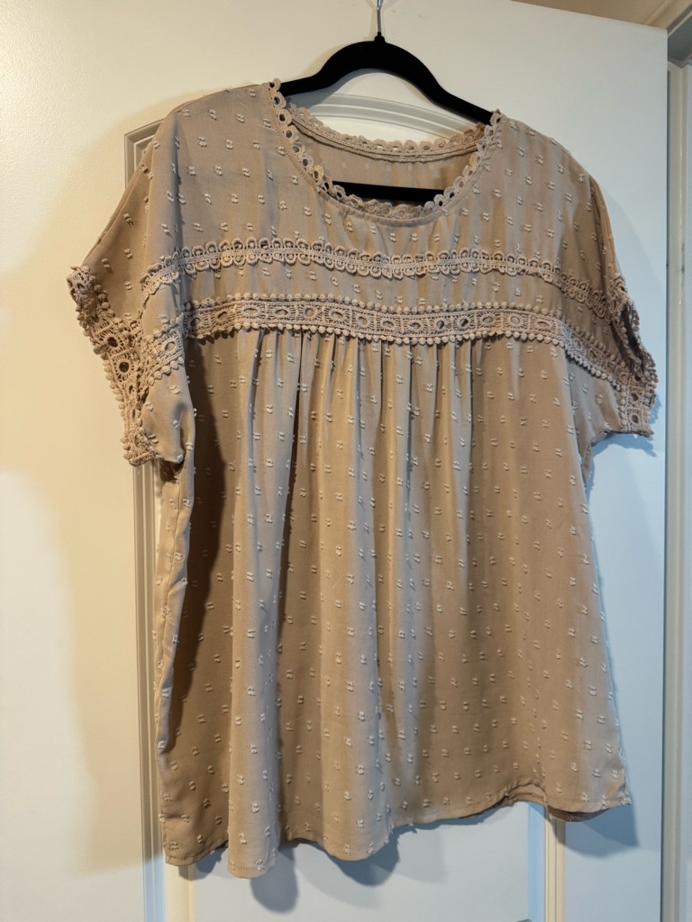 Romantic Beige Crochet-Trim Blouse – Boho Chic Textured Short Sleeve Top XL - Picture 2 of 4